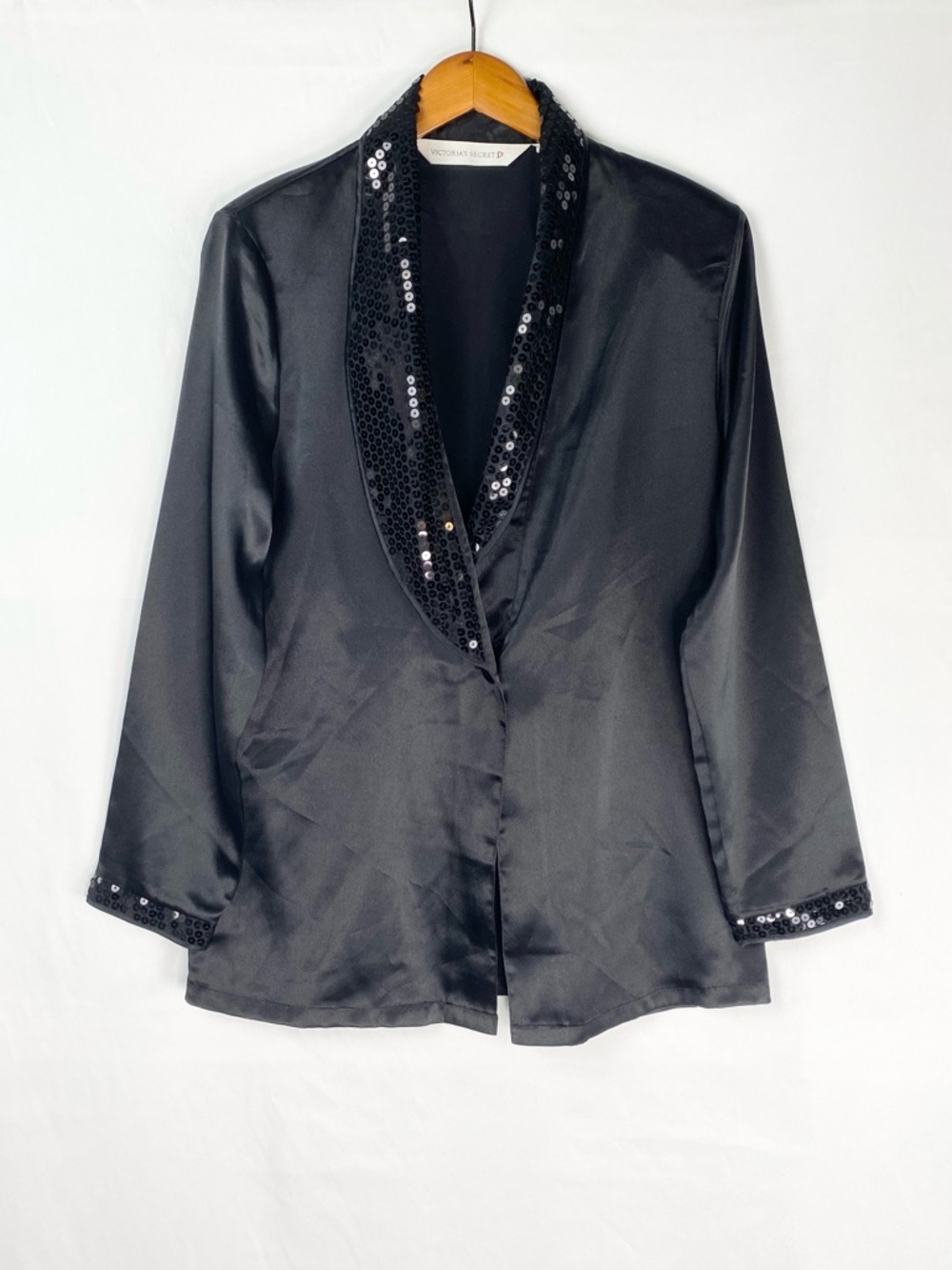 Vintage Victorias Secret 1995 Black Satin Sequin Blazer Long Sleeve Shoulder Pad